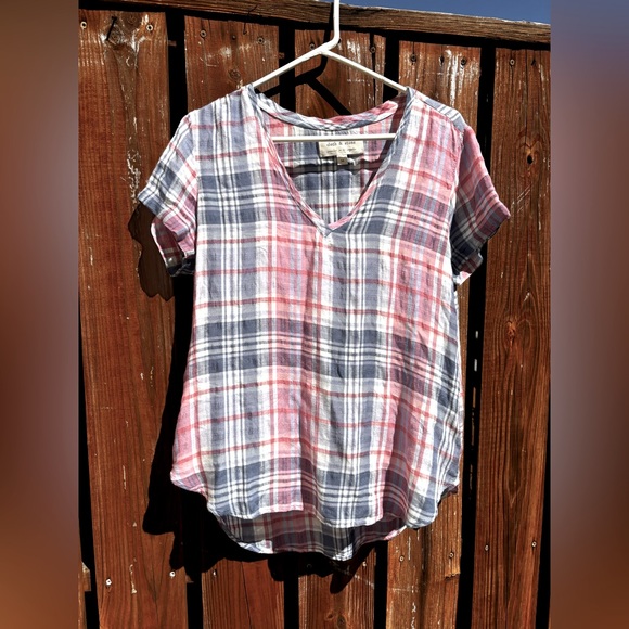 Cloth & stone Plaid V-Neck Short Sleeve Top - Picture 1 of 5